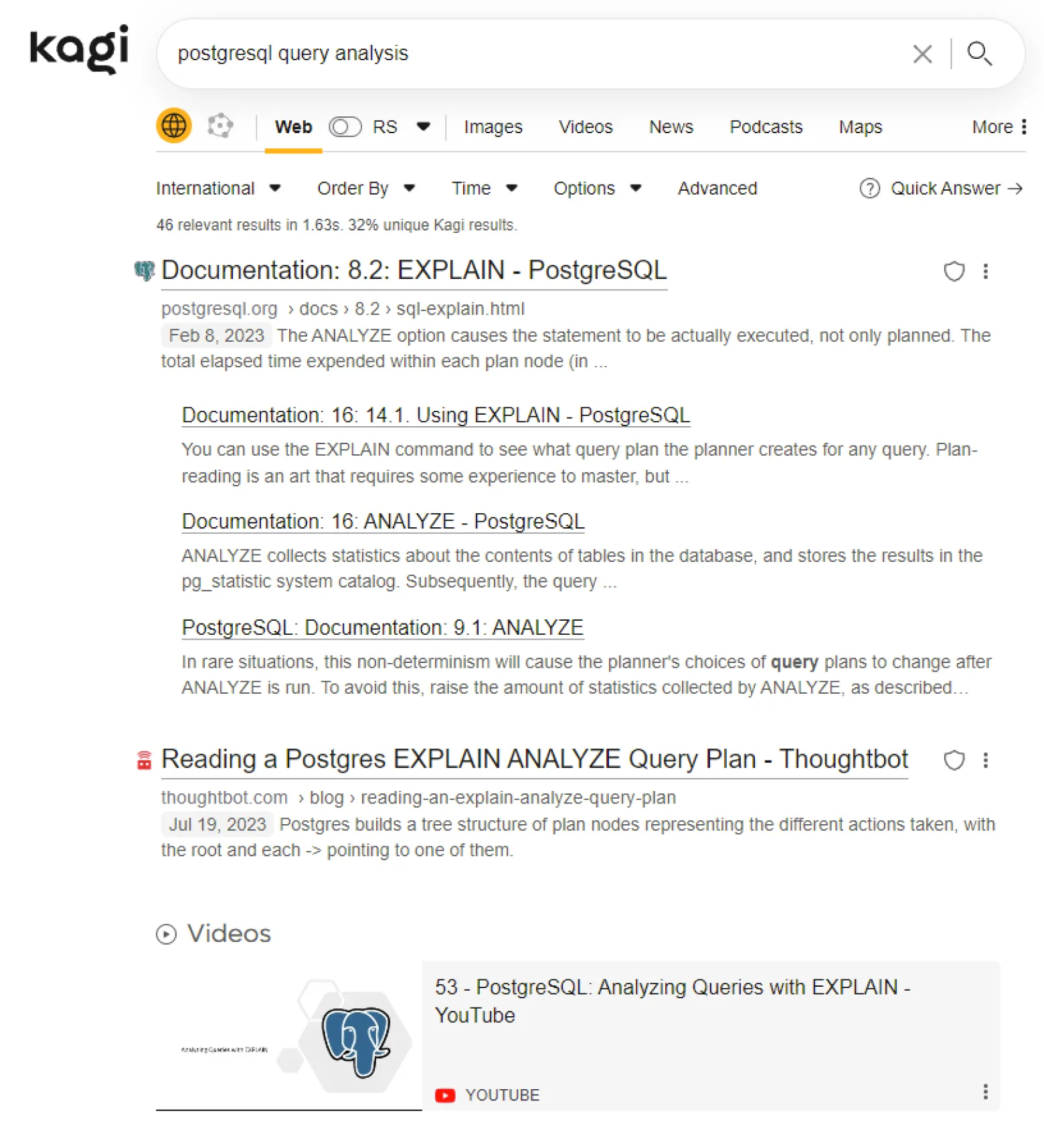 Search results displaying personalized postgres articles