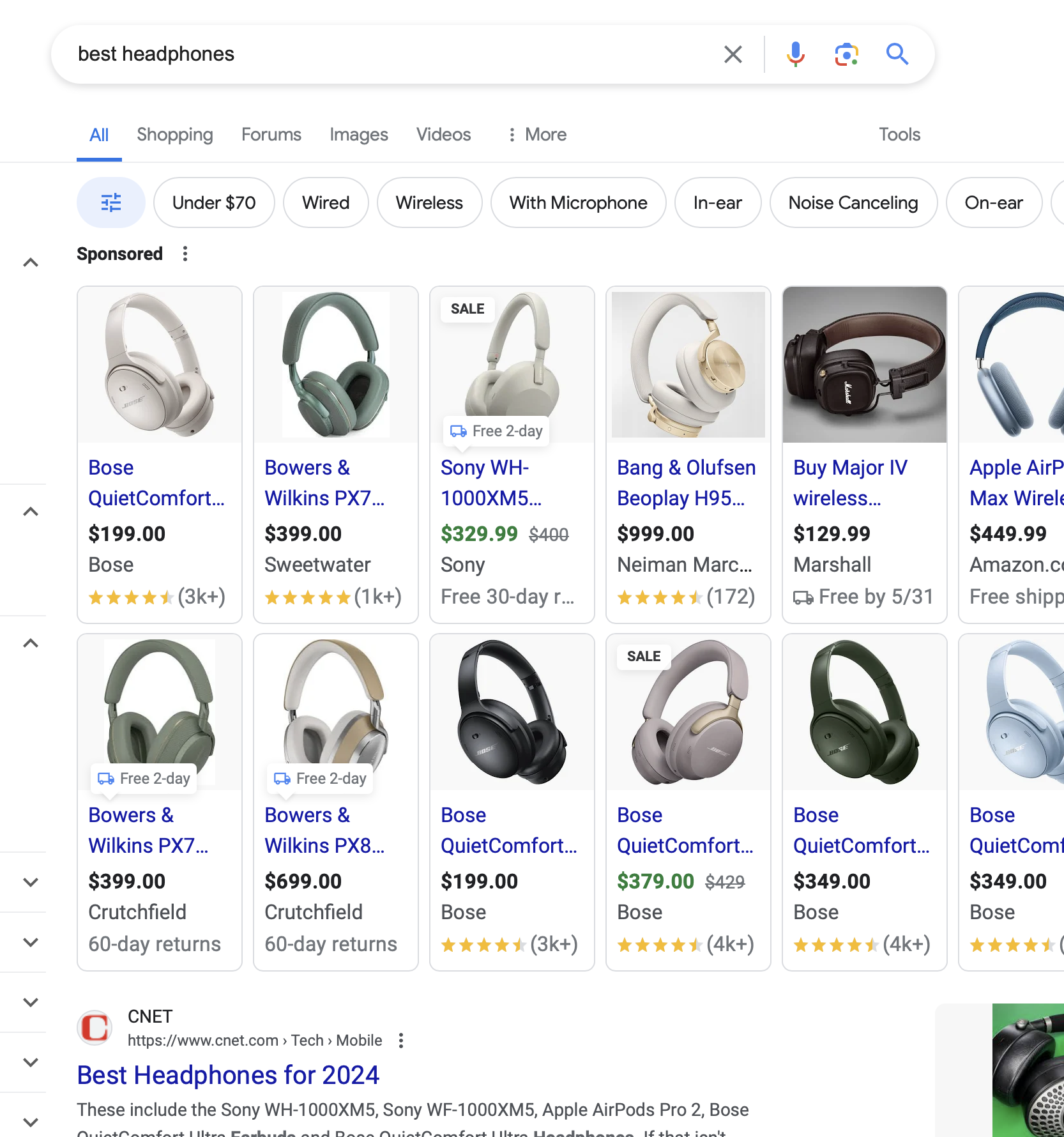 Search results displaying headphones