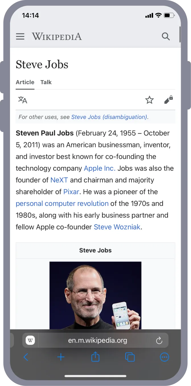 An iPhone with a web browser open on the Steve Jobs Wikipedia article.