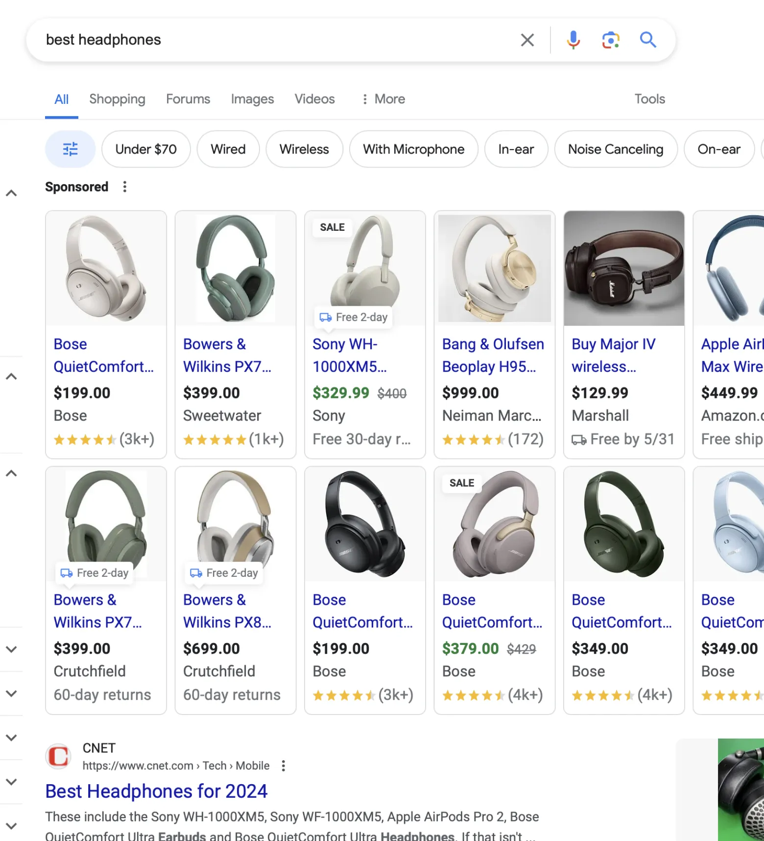 Search results displaying headphones