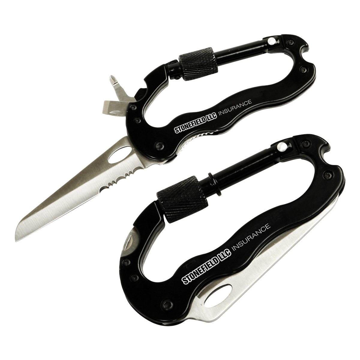 Two black carabiners with inbuild folding knifes (and screwdrivers). One is folded up, the other has knife and screwdrivertips splayed out. A logo is visible on the carabiners.